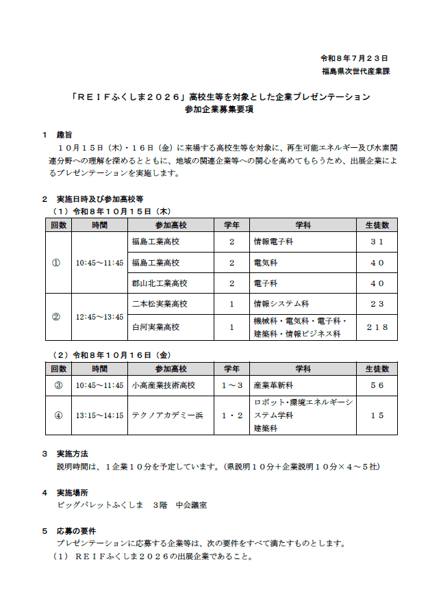 高校生対象プレゼンテーション企業募集要項